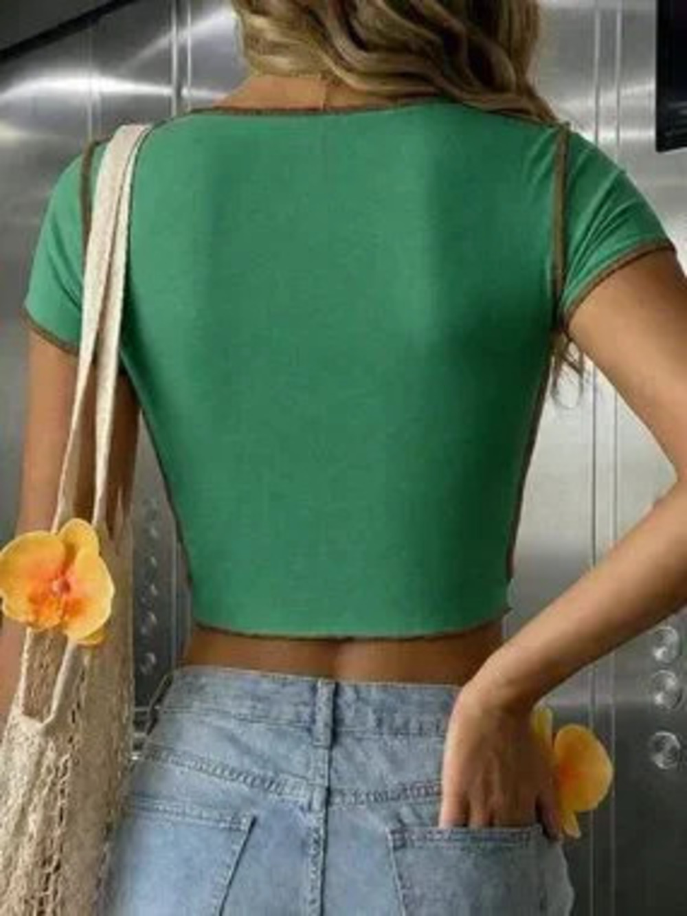 Green Casual Women's Western Print Cutout Tie Front Cropped T-Shirt